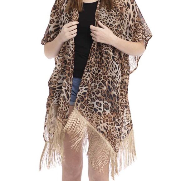 Women’s Leopard Print Cover Up Vest Swimsuit cover up kimono Sheer Fringe - Picture 5 of 7
